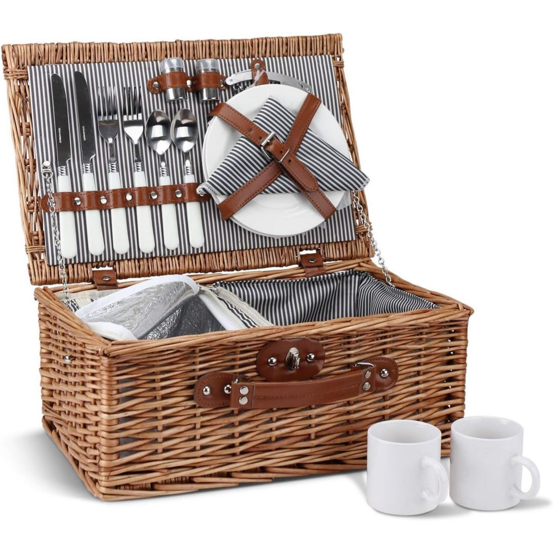 2 personen wicker picknickkorb set mit isoliertem kuehler picknickkorb mit bechern besteck weinglaesern tellern und servietten