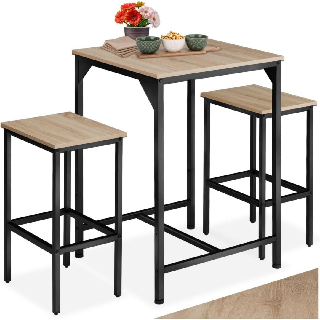 Bartisch Set 3-teilig, 1x Hochtisch mit 2x Barhocker, Essgruppe Industrial Style, Kaffeebar Moebel, Kuechentisch mit Stuehlen, Kuechenmoebel, Wohnzimmer Moebel (Industrial Holz hell, Eiche Sonoma)