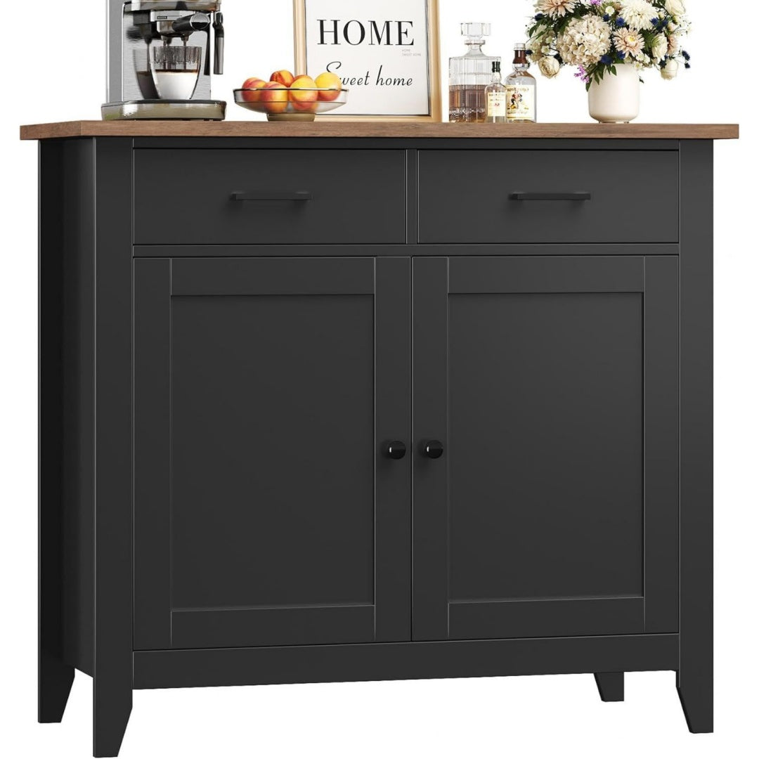 Kuechenschrank mit Arbeitsplatte, Sideboard, 2 Schubladen und 2 Tueren Anrichte Buffetschrank fuer Kueche, Wohnzimmer, Esszimmer, Flur, Holz, Landhausstil, Schwarz/Weiss/Blau/Gruen