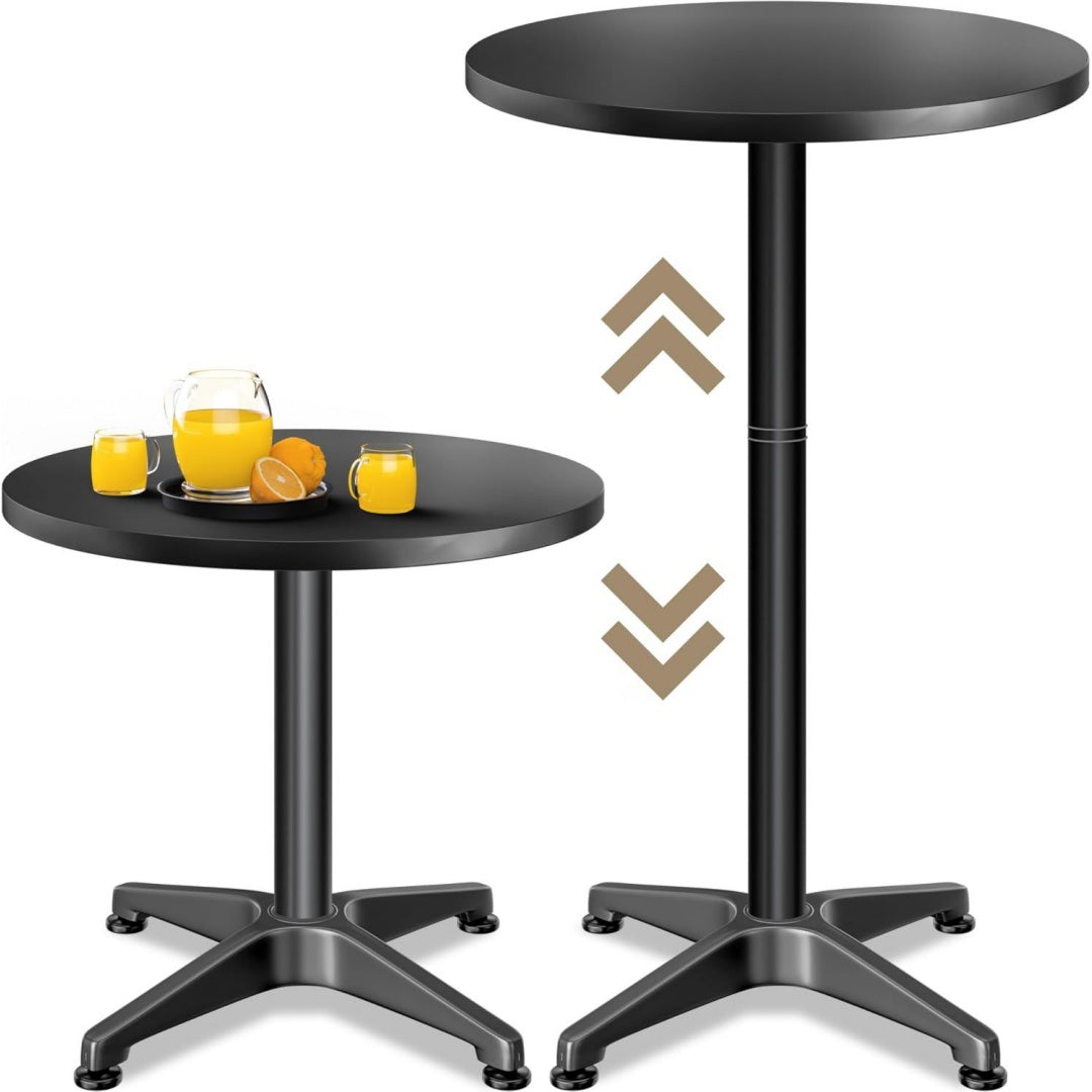 2-in-1 Hoehenverstellbarer Runder Bar-/Bistrotisch, Schwarz Aluminium, Wetterfest, Schwarz, 70 oder 115 cm hoch, 60 cm breit, Outdoor, Indoor, Rund, Camping, Garten, Party, Gastro