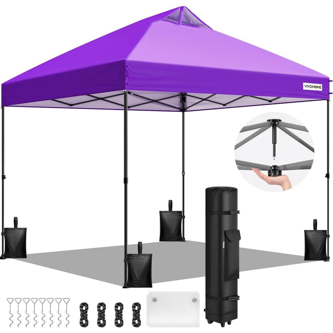 3x3m Pop Up Pavillon strapazierfaehig tragbar, Faltpavillon Partyzelt mit Rad Tragetasche und 4 Sandsaecke, Aufbau per Knopfdruck, fuer Garten Hof Camping Party Events, Lila