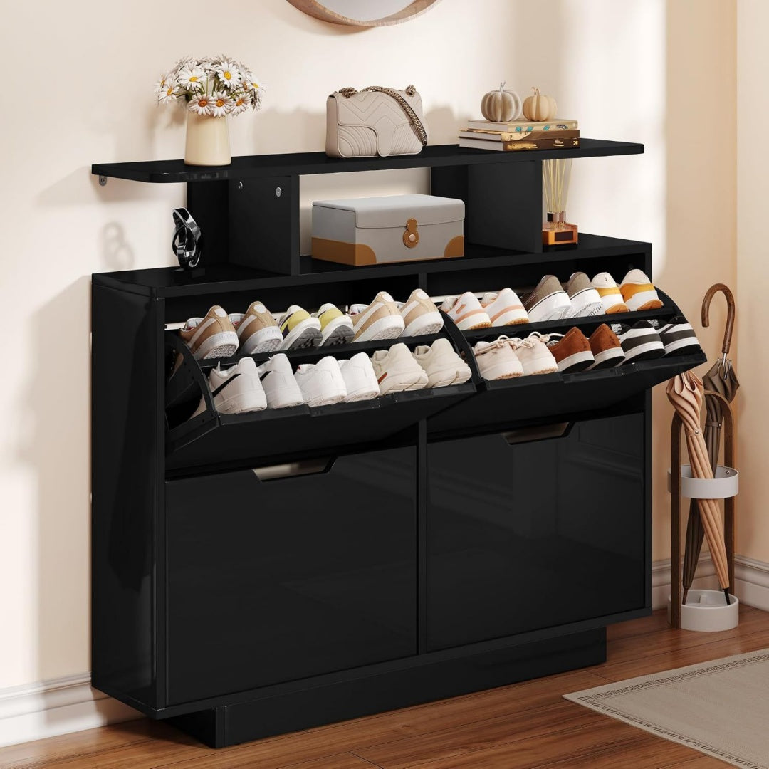 Schuhschrank Schmal Hochglanz mit 4 Klappen, 120 x 24 x 106 cm fuer 16-24 Paar, Schuhschrank Schwarz, Schuhkipper, Schuhkommode im Flur, unterschiedliche Fachhoehen (37/43 cm), Platzsparend