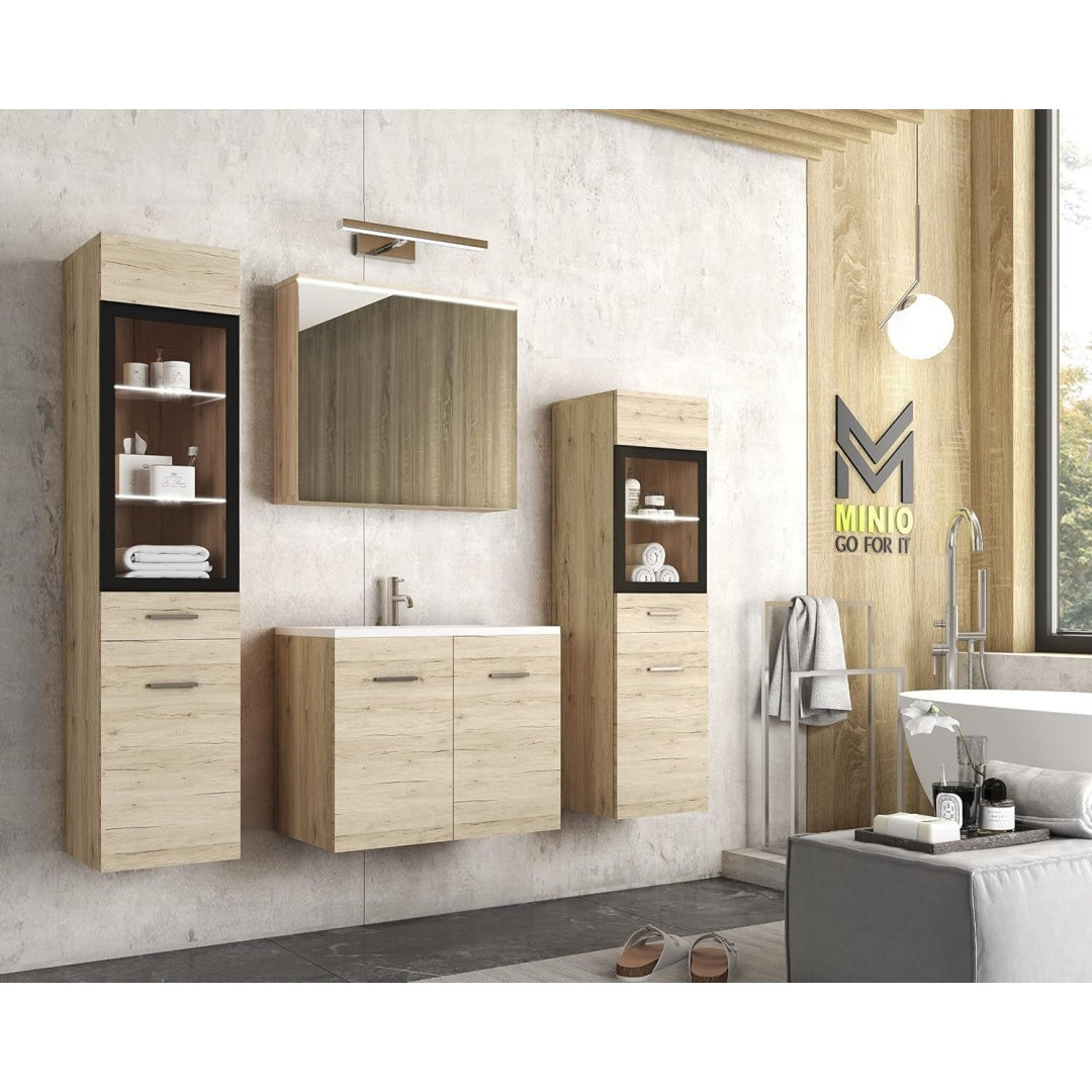 Badezimmermoebel Set Marit 2 Spiegel mit Regal LED Schrank mit Waschbecken, Laminierte Spannplatte, Farbe San Remo Eiche
