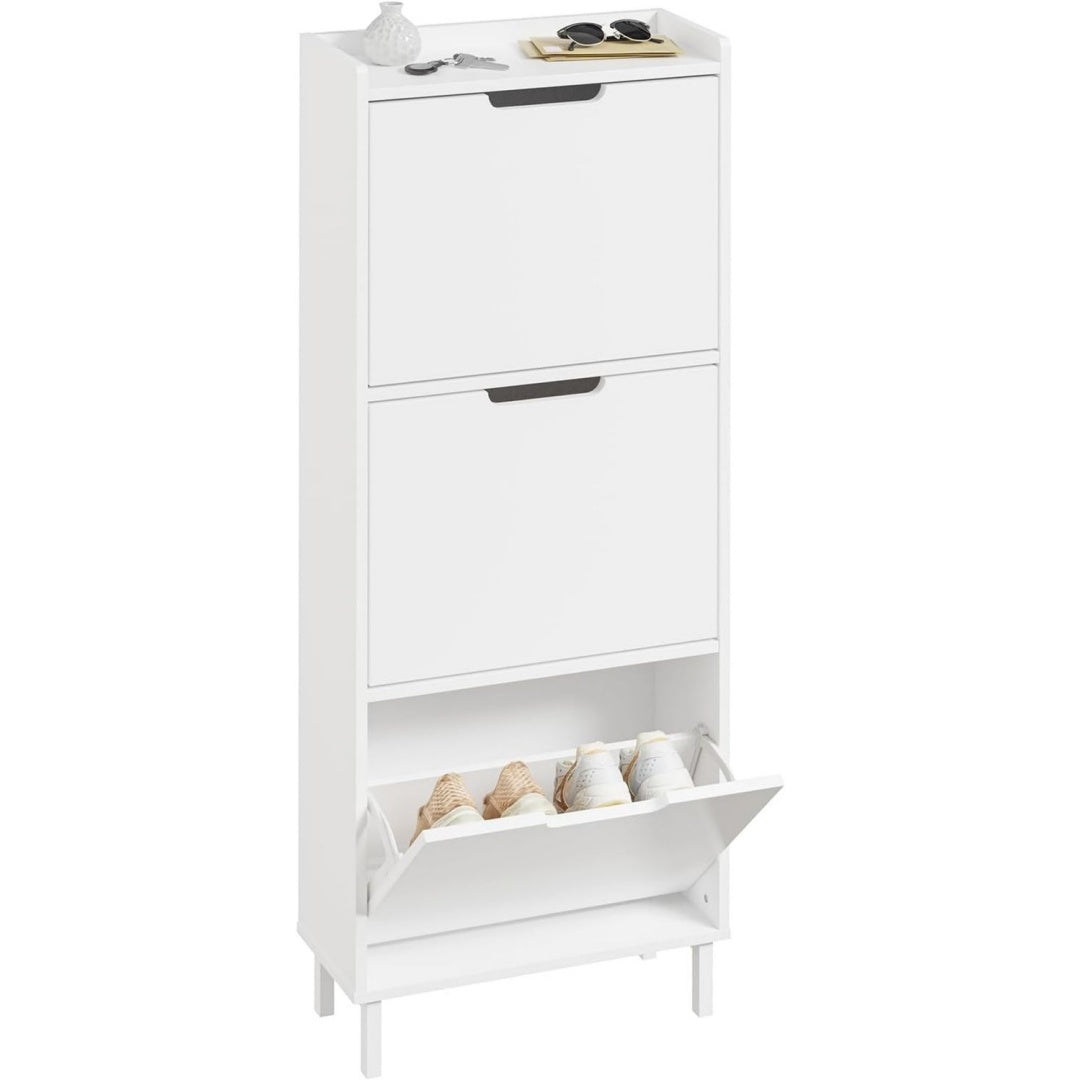 Schuhschrank schmal mit 3 Klappen Platzsparender Schuhkipper Hoch Kommode Schuhregal geschlossen Flurschrank fuer Diele, Flur 50x129x19cm Weiss FSR151-H-W