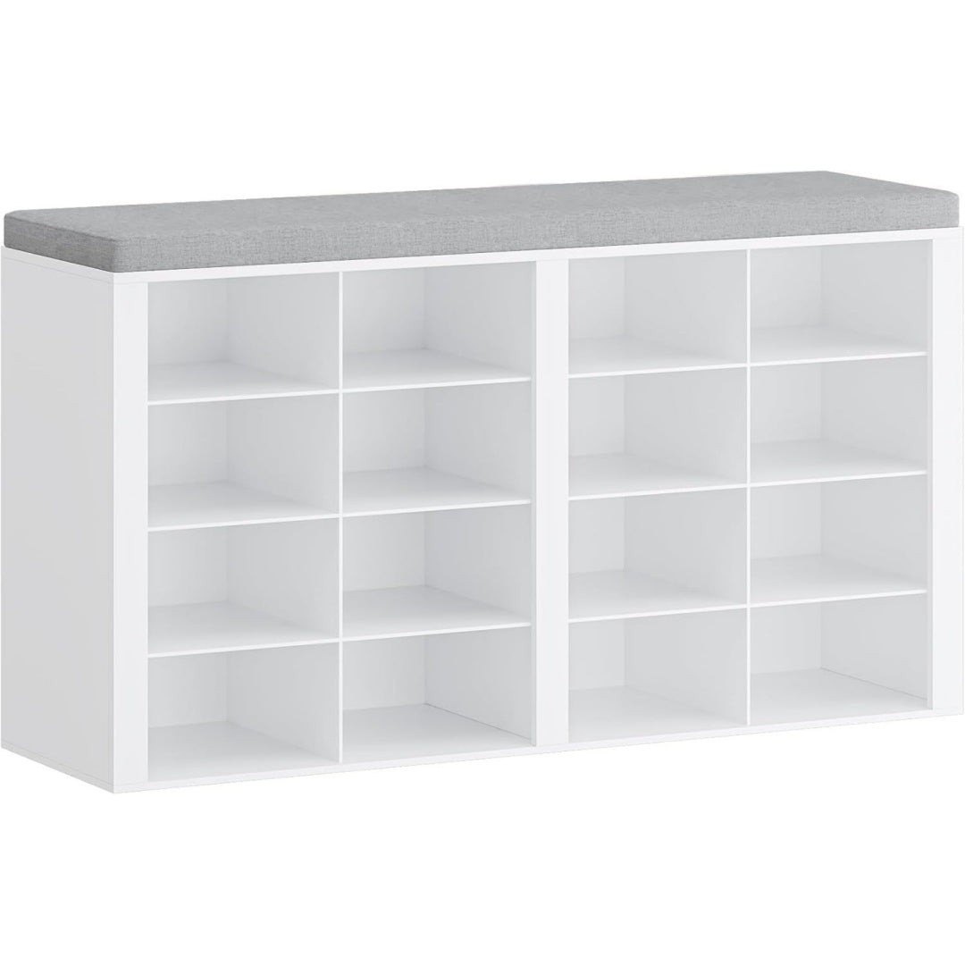Schuhbank mit Sitzflaeche, 16 Faechern, Weiss-Grau Schuhschrank mit Sitzbank, Verstellbare Ablagen, Fuer Wohnzimmer, Schlafzimmer, Flur, SB25603GY