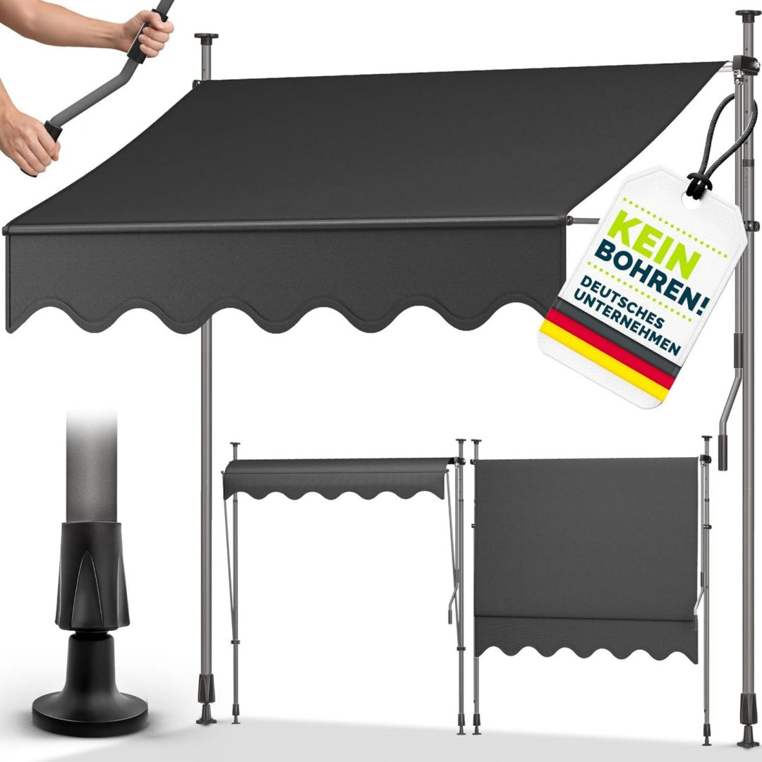 Klemmmarkise 250cm breit mit Handkurbel, Balkonmarkise ohne Bohren, Markise Balkon UV-bestaendig, wasserdicht, hoehenverstellbar, Outdoor Sonnenschutz zum Klemmen fuer Terrasse Garten