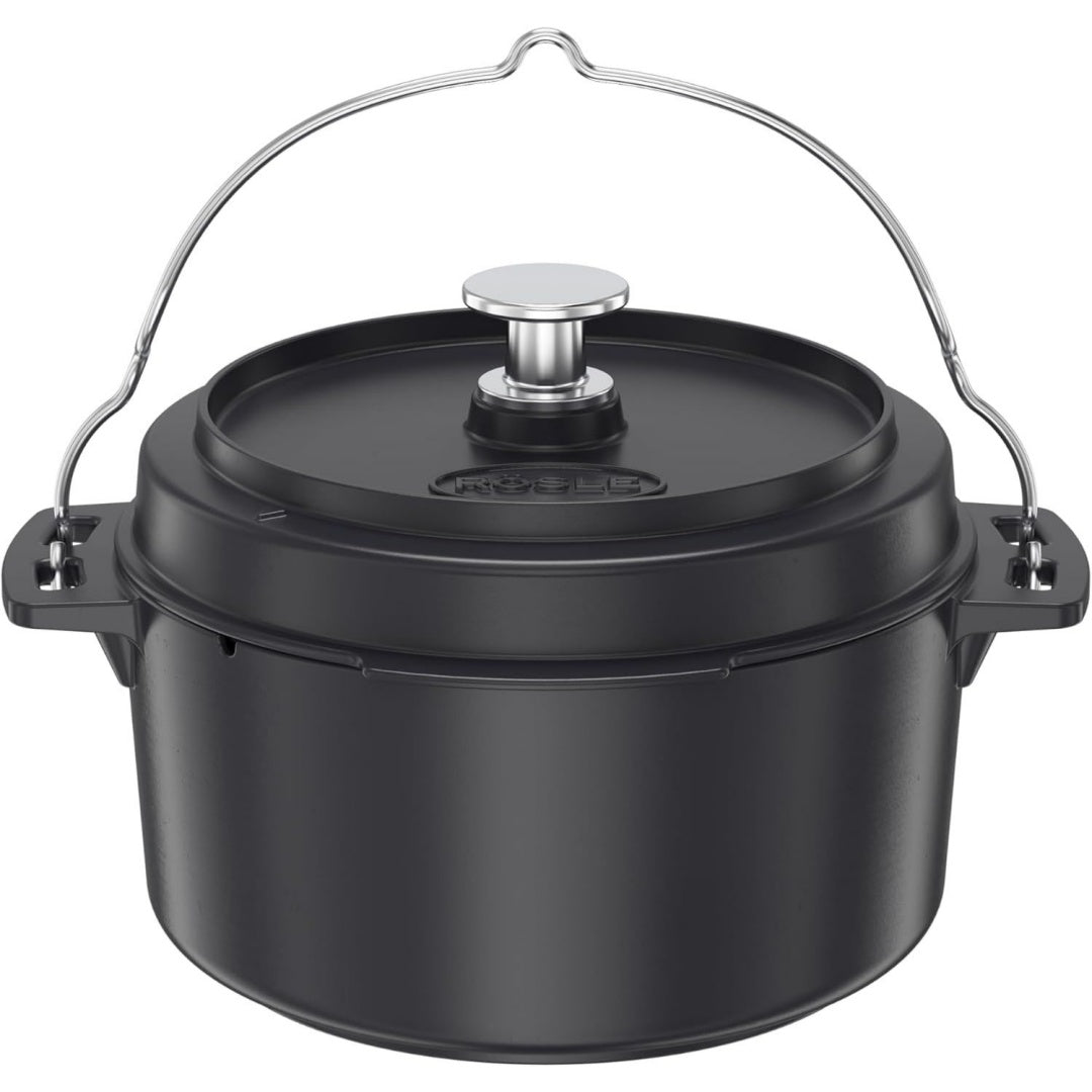 Dutch Oven 28 cm, schwarz, Deckel als Pfanne einsetzbar, hochwertiger Feuertopf aus emailliertem Gusseisen, mit Tragebuegel, 5,5 l, 36 x 30 x 22,5 cm